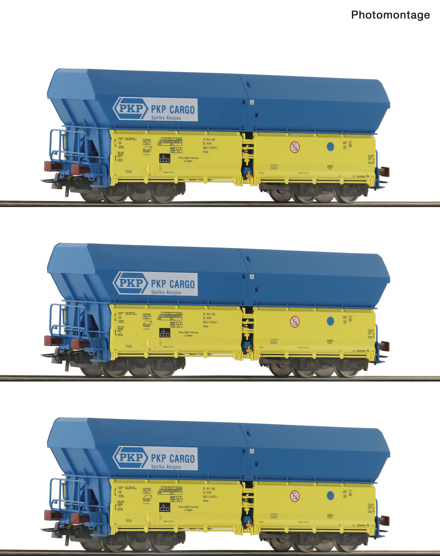 Roco HO 6600136 3 piece set: Self unloading hopper wagons PKP era 56 DC 2025 New Item