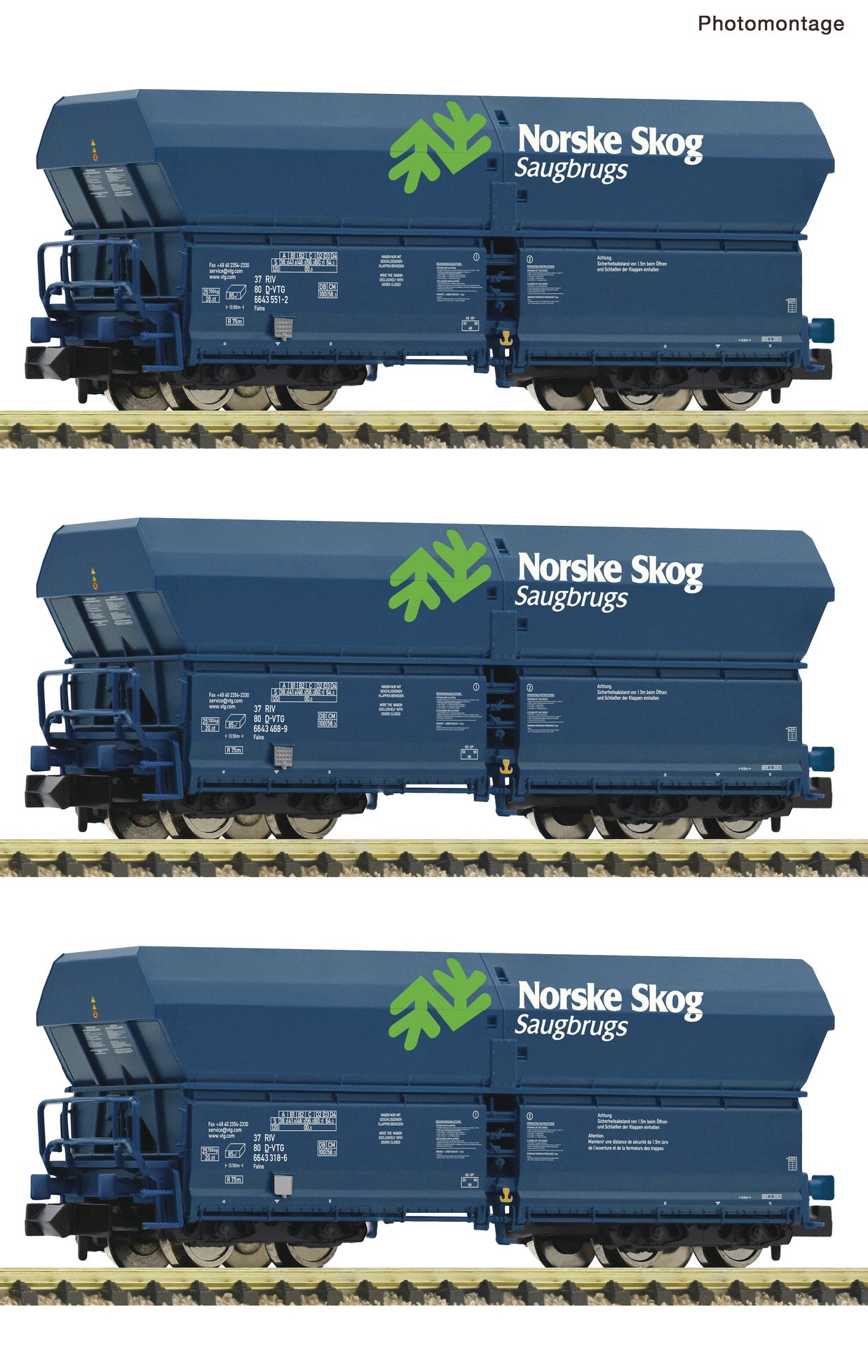 Fleischmann N 6660089 3 piece set: Self-unloading hopper wagons 'Norske Skog' VTG era VI DC 2025 New Item