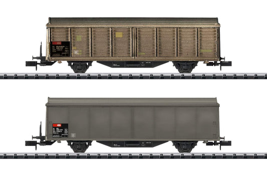 Trix N 15307 Type Hbis-v Sliding-Wall Boxcar 2-Pack - Ready to Run - Minitrix -- Swiss Federal Railways SBB (Era V, weathered gray)