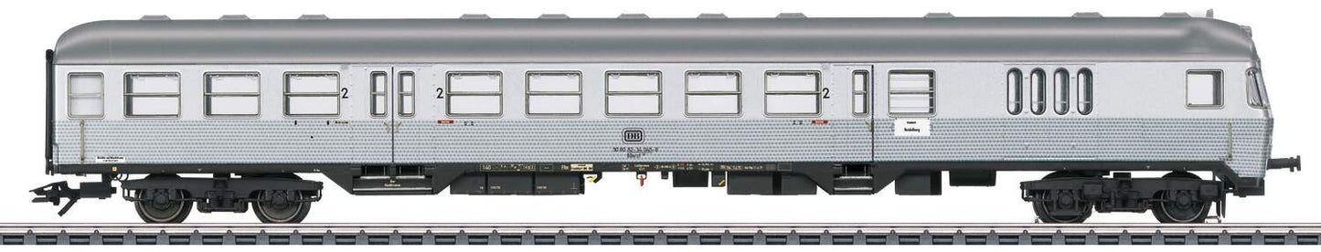 Marklin HO 43899 Type BDnrzf 740 2nd Class Cab Control Car - 3-Rail - Ready to Run -- German Federal Railroad DB (Era IV 1975, silver, Silver Coin Scheme)