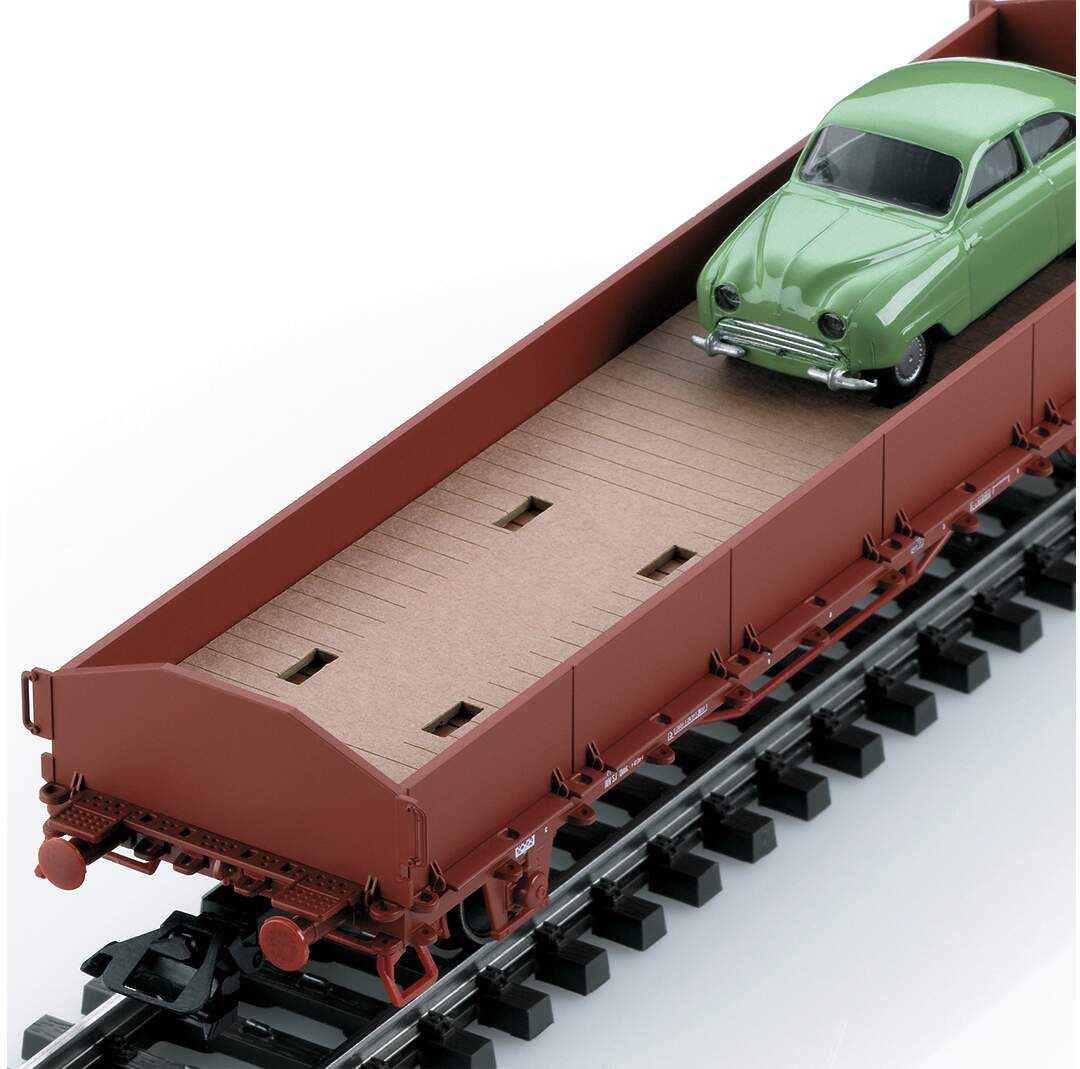 Marklin HO 45084 Low-Side Stake Car with Saab Auto Load 2-Pack - 3-Rail - Ready to Run -- Swedish State Railways SJ (Era III, Boxcar Red)