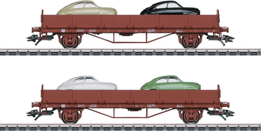 Marklin HO 45084 Low-Side Stake Car with Saab Auto Load 2-Pack - 3-Rail - Ready to Run -- Swedish State Railways SJ (Era III, Boxcar Red)