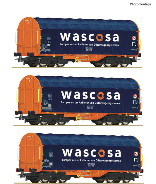 Roco HO 76009 3 piece set: Sliding tarpaulin wagons Wascosa era VI DC Q1 2022 New Item