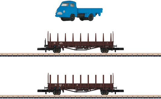 Marklin Z 82132 Type Rmms 33 Stake Car 2-Pack with Hanomag Truck - Ready to Run -- German Federal Railroad DB (Era III, Boxcar Red)