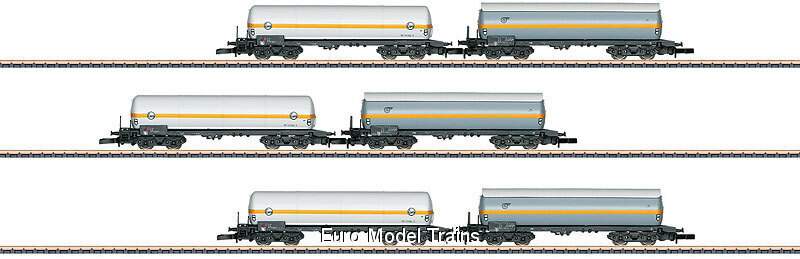 Marklin Z 82189 4-Axle Pressurized Gas Tank Car 6-Pack - Ready to Run -- 3 Each EVA & VTG (Era V, gray, orange & white, orange)