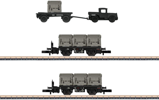 Marklin Z 82329 Door-to-Door BT 10 Container Flat 2-Pack with Delivery Truck - Ready to Run -- German Federal Railroad DB (Era III 1950s-60s, black, gray containers)