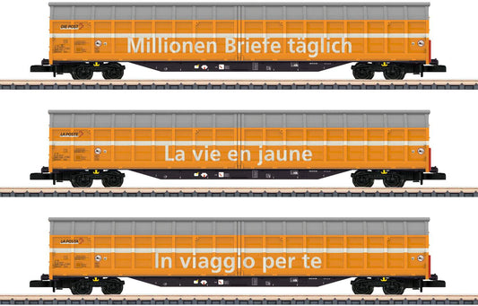 Marklin Z 82417 Type Habbiillnss Sliding-Wall Boxcar 3-Pack - Ready to Run -- Swiss Post (Era VI 2016, yellow, white, gray)