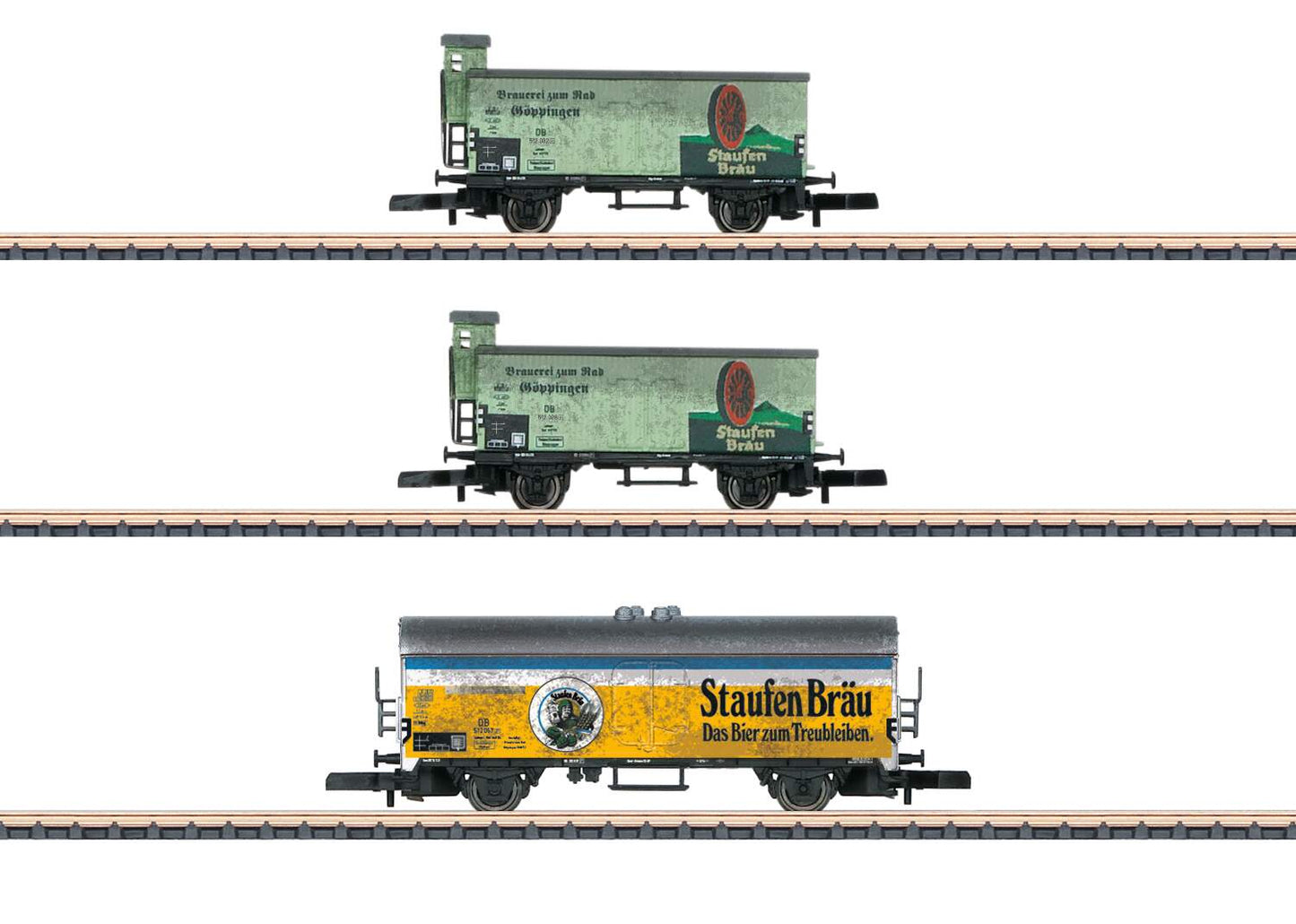 Marklin Z 86603 Beer Reefer Set - Ready to Run -- Staufen-Brau (Era III, 2 Wurttemberg Type and 1 Type Tehs 50 Reefer)