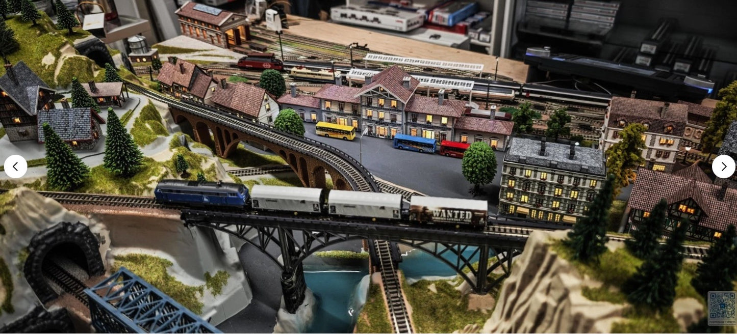 Noch N scale 777777 Finished "Baden-Baden" Digital Layout w/ECoS Station and 4 DCC trains 69"x39"