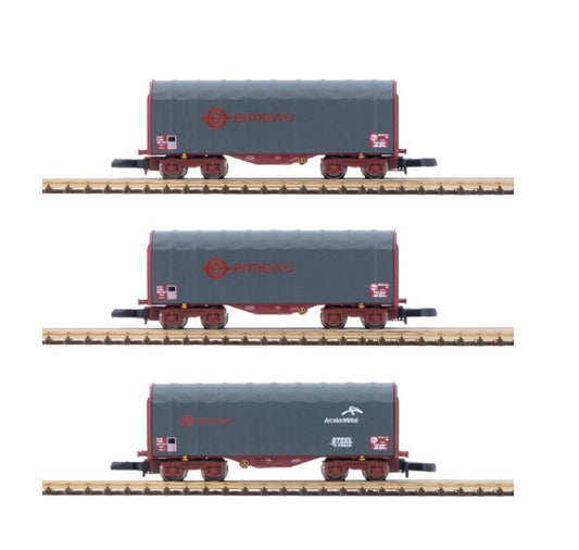AZAR MODELS Z W03-ERP 4-axle short sliding tarp cars ERMEWA - set of 3 units SNCF V-VI