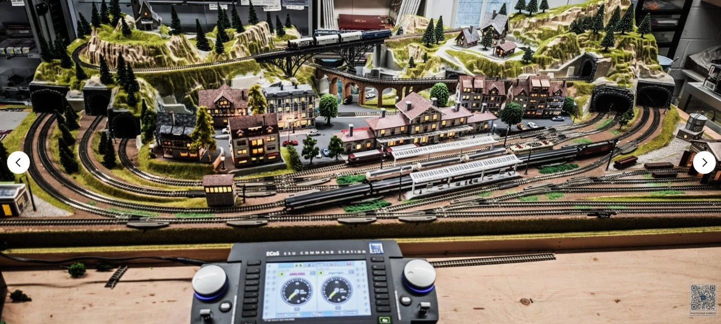 Noch N scale 777777 Finished "Baden-Baden" Digital Layout w/ECoS Station and 4 DCC trains 69"x39"