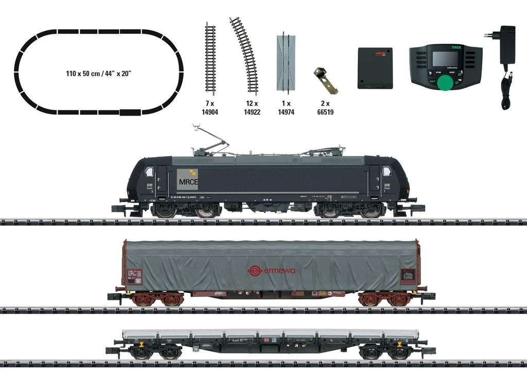 Trix N 11147 Freight Train Starter Set with Mobile Station - Sound and DCC - Minitrix -- Mitsui Rail Capital Europe MRCE 185.1, 2 Cars, C-Track Oval, Mobile Station