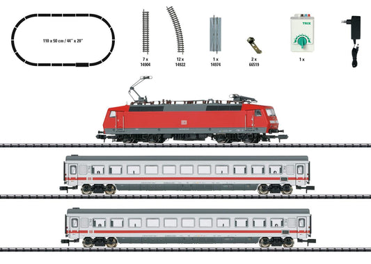 Trix N 11150 Intercity Passenger Train Starter Set - Standard DC - Minitrix -- German Railroad DB AG Class 120, 2 Cars, Track Oval, Power Pack