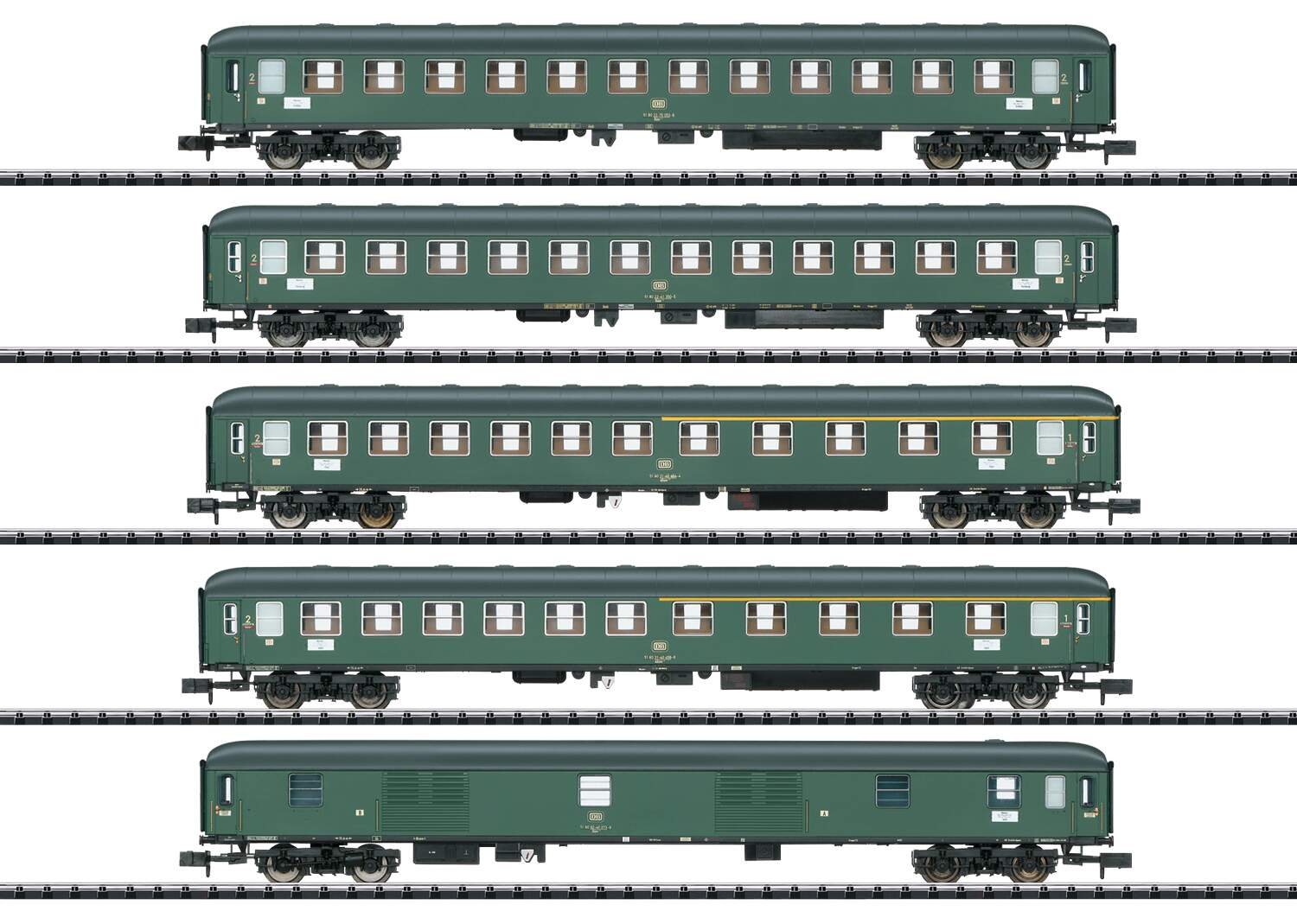 Trix N 15219 D 360 Express 5-Car Passenger Set - Ready to Run - Minitrix -- German Federal Railroad DB (Era IV 1975, green)