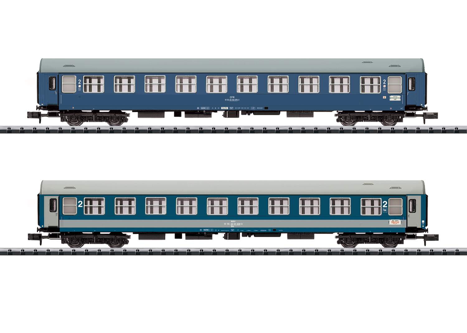 Trix N 15371 Orient Express Type Y-B 2nd Class Coach 2-Pack - Ready to Run - Minitrix -- 1 Each: CFR Romania and MAV Hungary (Era IV 1987, blue, gray, 2-Schemes)