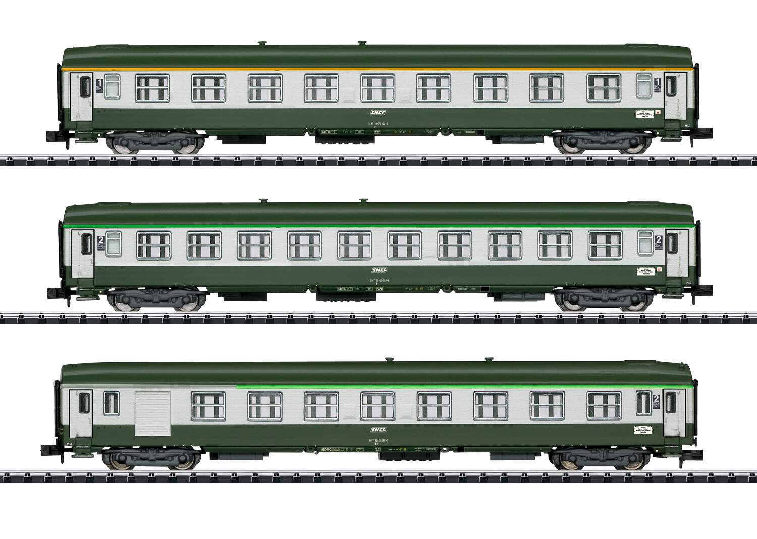 Trix N 15372 Type A9 1st Class, B10 and B7D 2nd Class 3-Car Set - Ready to Run - Minitrix -- French State Railways SNCF (Orient Express Era IV 1987, green, gray)