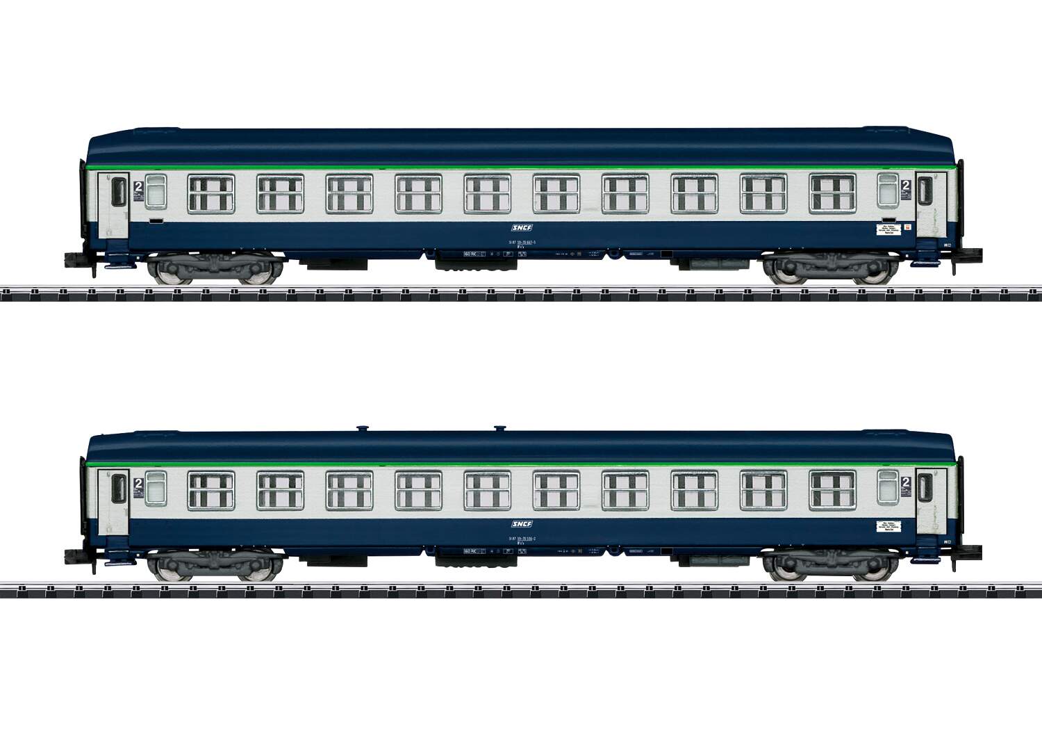 Trix N 15373 Type B9c9x Hi-Roof and B9c9x 2nd Class Sleeper Set - Ready to Run - Minitrix -- French State Railways SNCF (Orient Express Era IV 1987, blue, gray, green)
