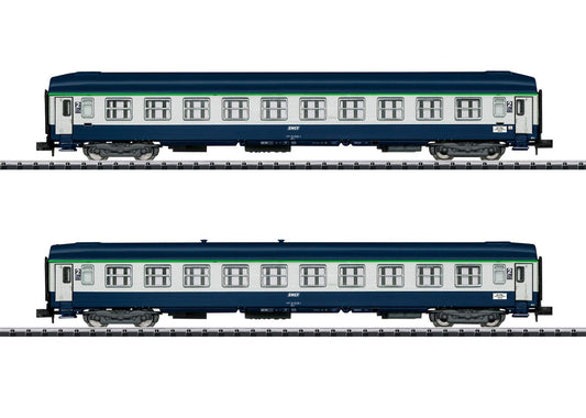 Trix N 15373 Type B9c9x Hi-Roof and B9c9x 2nd Class Sleeper Set - Ready to Run - Minitrix -- French State Railways SNCF (Orient Express Era IV 1987, blue, gray, green)