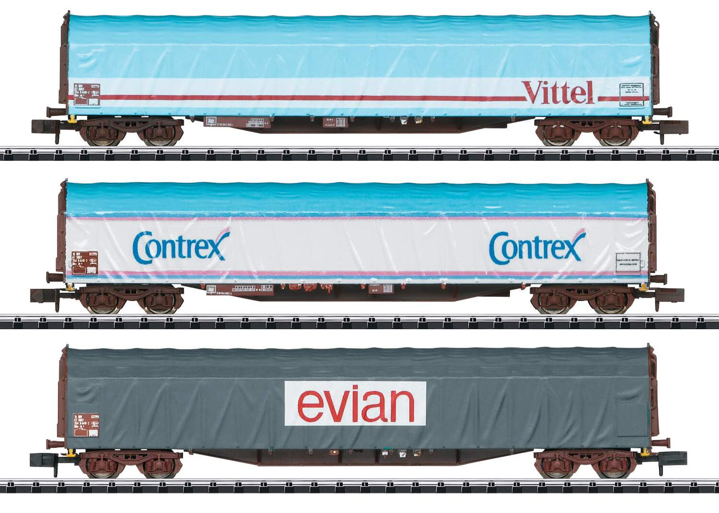 Trix N 15375 Type Rils Sliding-Tarp Flatcar 3-Pack - Ready to Run - Minitrix -- French State Railways SNCF (Era V, Vittel, Contrex, Evian Mineral Water Sche