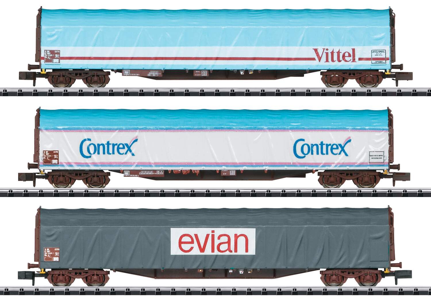 Trix N 15375 Type Rils Sliding-Tarp Flatcar 3-Pack - Ready to Run - Minitrix -- French State Railways SNCF (Era V, Vittel, Contrex, Evian Mineral Water Sche