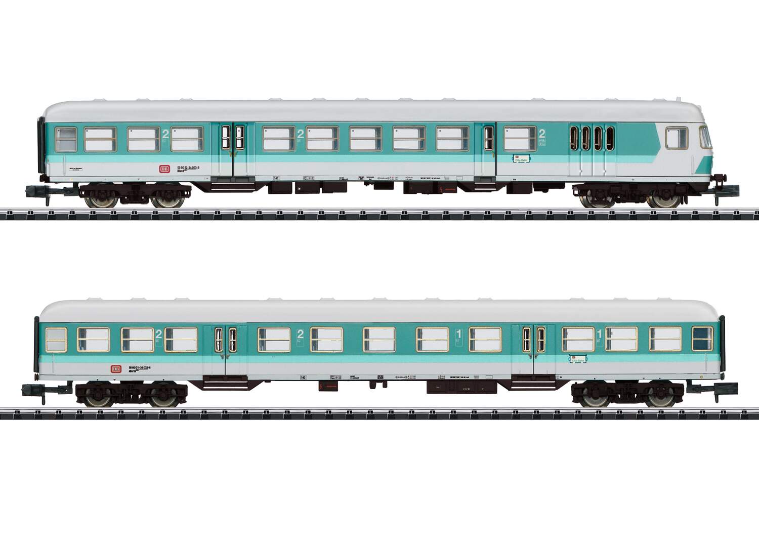 Trix N 15467 Type Bm 235 BDmrzf 784.2 Cab Car, ABnrzb 772.3 Coach - Ready to Run - Minitr -- German Federal Railroad DB (Era V, turquoise, white)