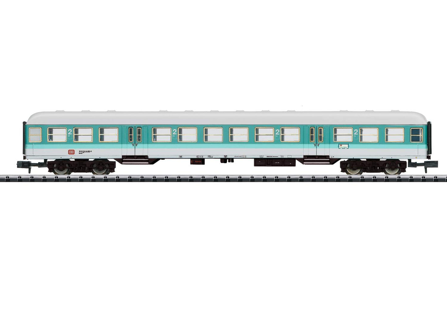 Trix N 15468 Type Bnrz 778.2 2nd Class Coach - Ready to Run - Minitrix -- German Federal Railroad DB (Era V, turquoise, white)