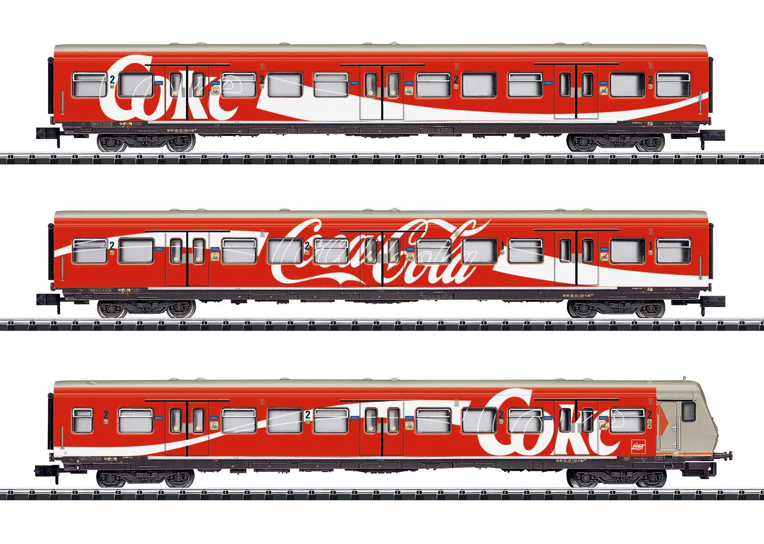Trix N 15708 S-Bahn Type Bxf 796.1 Cab Car, ABx 791.1, Bx 794.1 Coach Set - Ready to Run -- German Federal Railroad DB (Era V 1992, Coca-Cola Scheme, red, white)