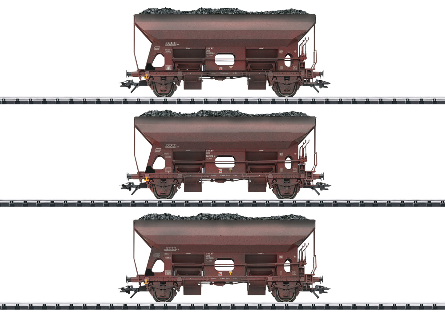 Trix HO 24123 Type Otmm 70 Dump Car 3-Pack - Ready to Run -- German State Railroad DR (Era IV 1983, weathered Boxcar Red)