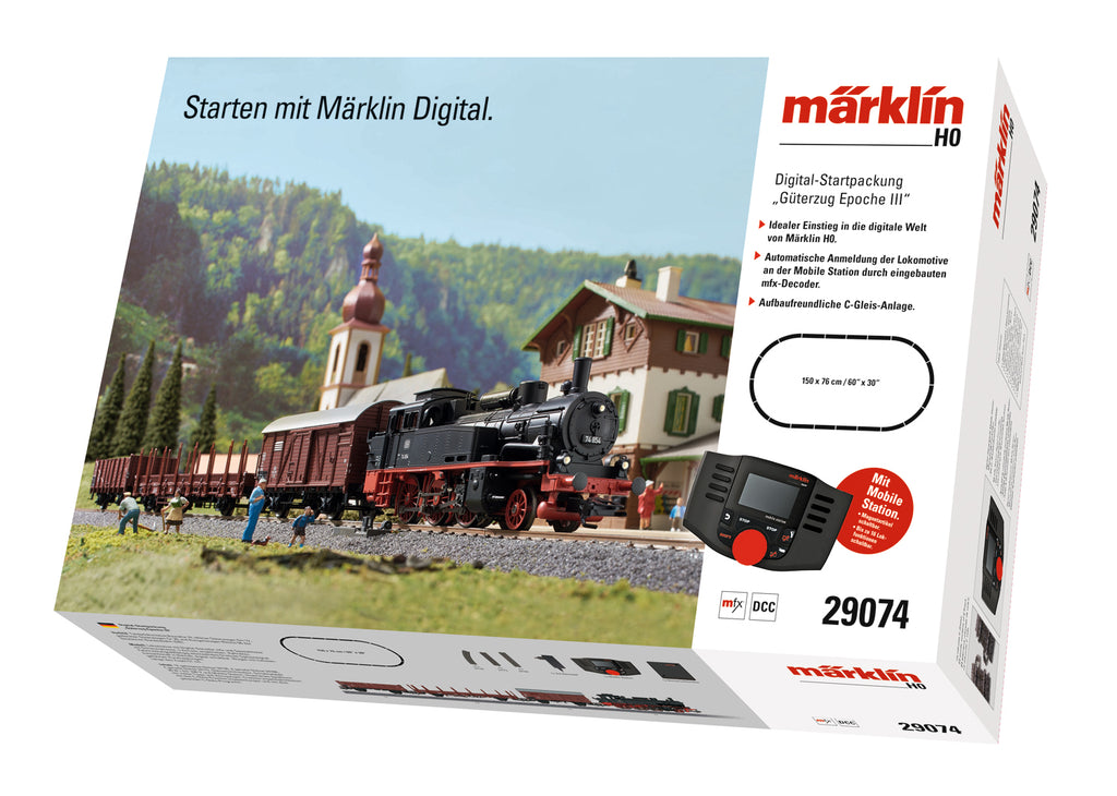 Marklin HO 29074 Era III Steam Freight Train Starter Set - 3-Rail w/Digital - Start Up -- German Federal Railroad DB Class 74 2-6-0T & 3 Cars, Track & Pack