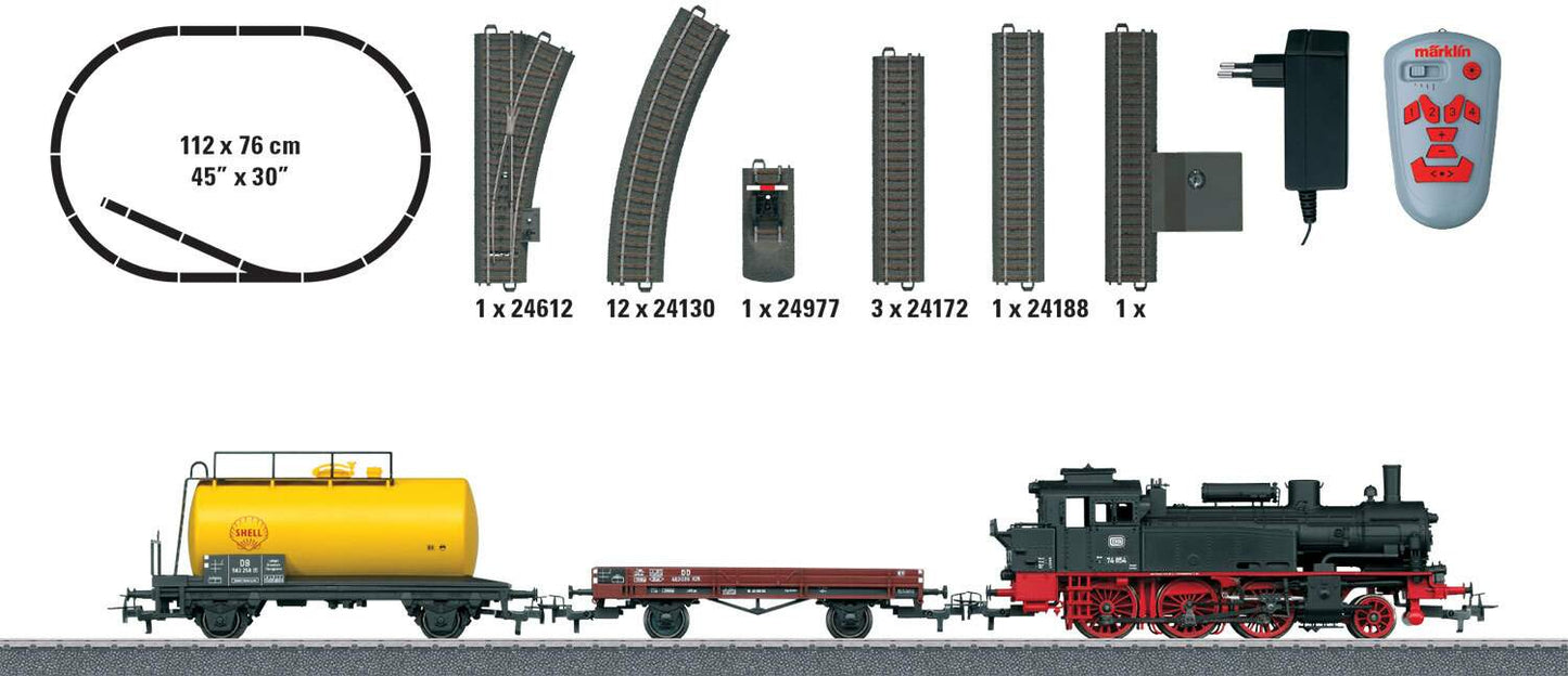 Marklin HO 29166 My World Era III Steam Freight Set 3-Rail w/Digital & Infrared Control -- German DB Class 74 2-6-0T, 2 Cars, C Track Oval w/Siding