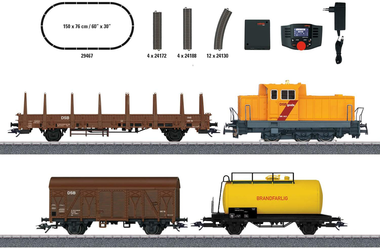 Marklin HO 29467 Danish Freight Train Starter Set - 3-Rail - Digital -- DSB Class MK Diesel, 3 Cars, C-Track Oval, Mobile Station