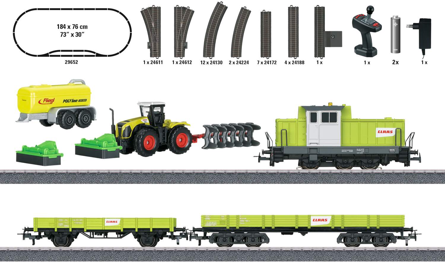 Marklin HO 29652 Farming Train Starter Set - 3-Rail - Digital - Start Up -- Claas DHG 700 Diesel, 2 Cars, Farm Machines, C-Track Oval Siding, Control St
