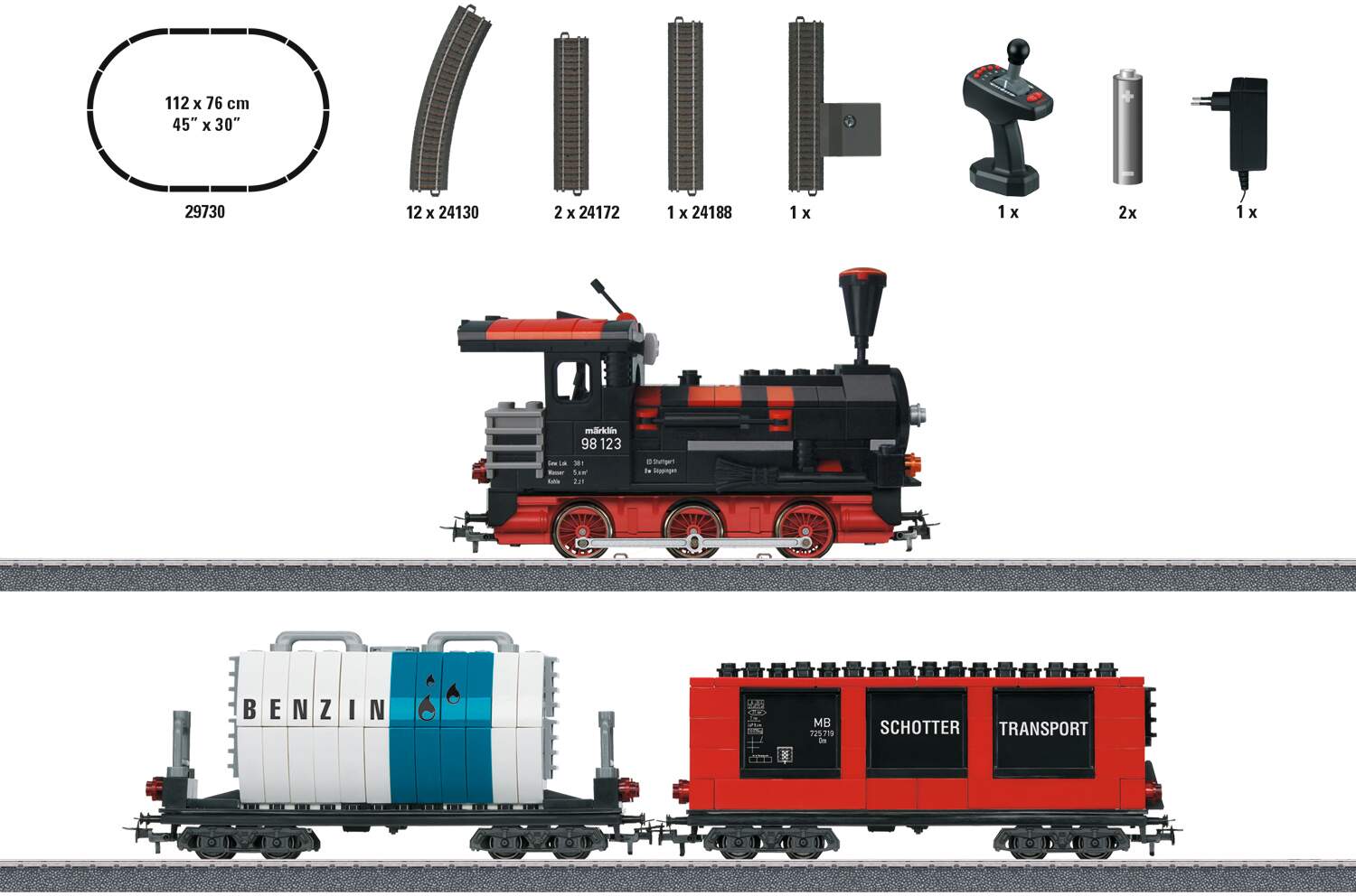 Marklin HO 29730 Building Block Train Steam Starter Set - 3-Rail - Digital -- Steam Locomotive, 2 Cars, C-Track Oval, Mobile Station