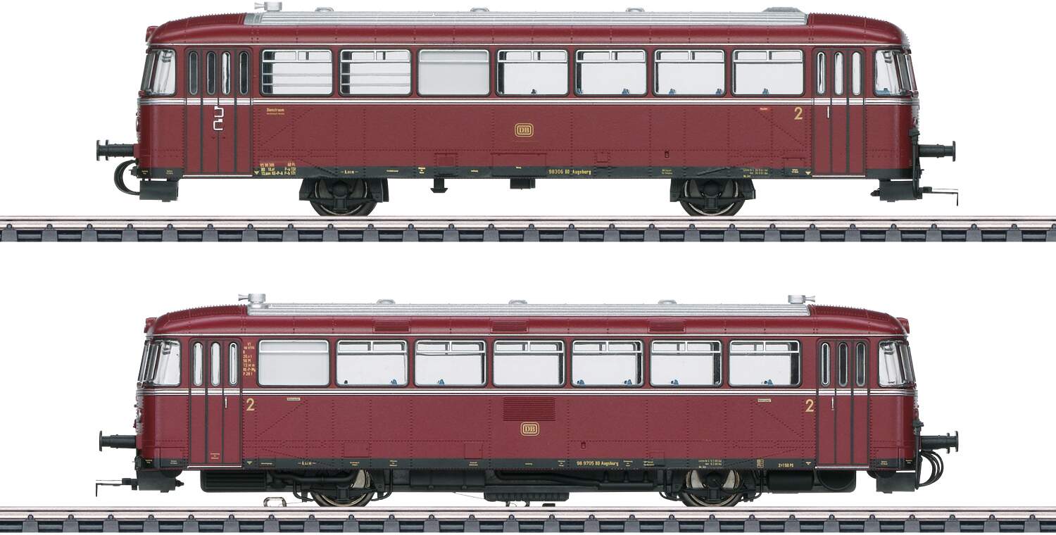 Marklin HO 39978 Class VT 98.9 Railcar with VS 98 Cab Car - 3-Rail - Sound and Digital -- German Federal Railroad DB VT 98 9705, VS 98 306 (Era III 1960s, red, silver