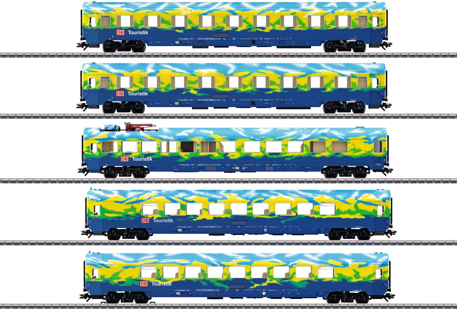 Marklin HO 43878 5-Car Tourism Passenger Set - 3-Rail - Exclusiv -- German Railroad DB AG (Era V 1995, Tourism Scheme, blue, yellow)