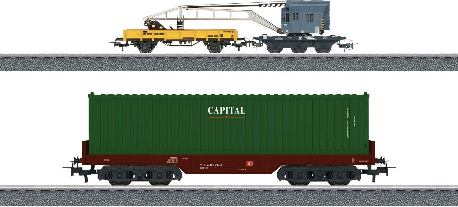 Marklin HO 44452 Container Loading Car Set - 3-Rail - Start Up -- Krupp-Ardelt Crane, Book Car, Container Car w/Container Load