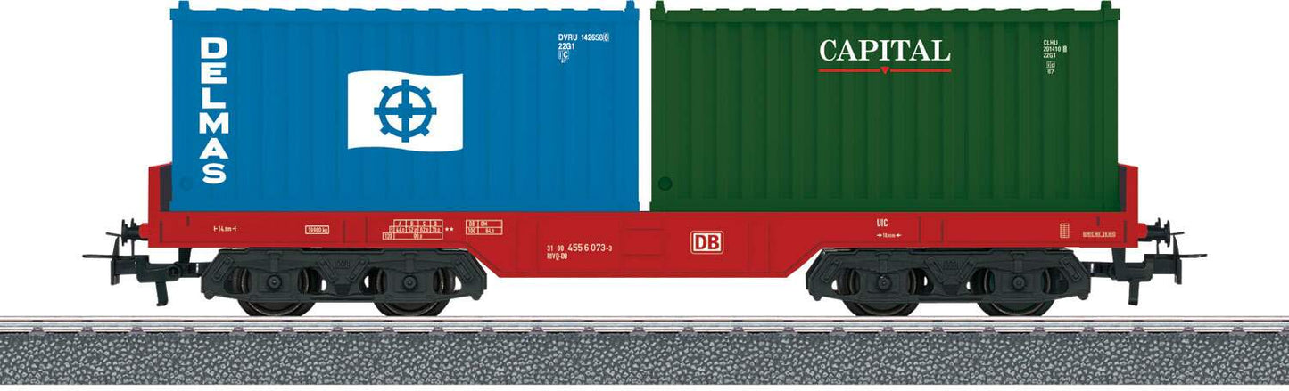Marklin HO 44700 Container Flatcar w/2 20' Containers- 3-Rail Ready to Run - Start Up -- German Railroad DB AG (Era V, red w/blue Delmas & green Capital Containers)