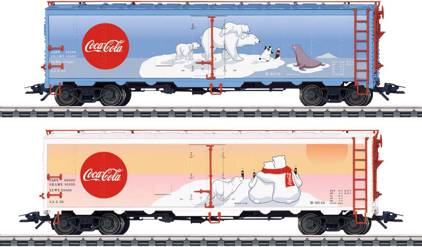 Marklin HO 45687 Class R-40-14 40' Steel Ice Reefer 2-Pack - 3-Rail - Ready to Run -- Coca-Cola (2 Different Polar Bear Scenes, one in blue, one in orange-pink)