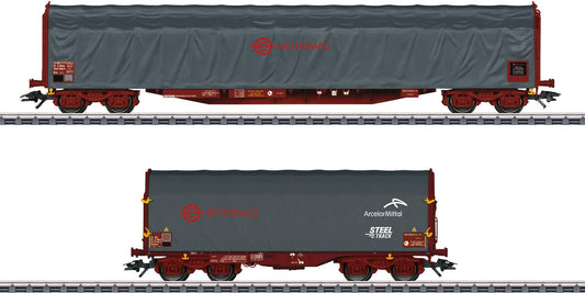 Marklin HO 47102 Type Rils and Type Shimms Sliding Tarp 2-Car Set - 3-Rail - Ready to Run -- Ermewa (Era VI 2014, Boxcar Red, Gray)