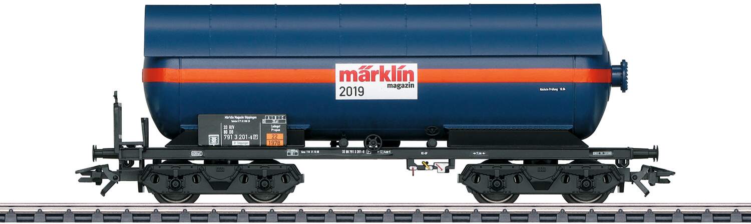 Marklin HO 48519 Four-Axle Pressurized Gas Tank Car with Heat Shield - 3-Rail - Ready to Run -- 2019 Marklin Magazine Car (Era IV 1990, blue, orange, white)
