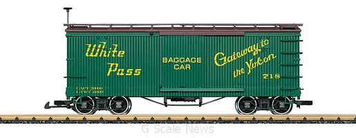 LGB G 48675 Wood Boxcar - Ready to Run -- White Pass & Yukon #718 (green, yellow, Gateway to the Yukon Baggage Marking