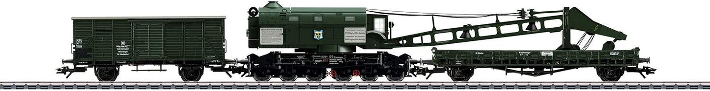 Marklin HO 49570 Ardelt 57 Metric Ton Steam Crane, Tender, Tool Cars - 3-Rail - Ready to Run -- German Federal Railroad DB (Era III 1958, green)
