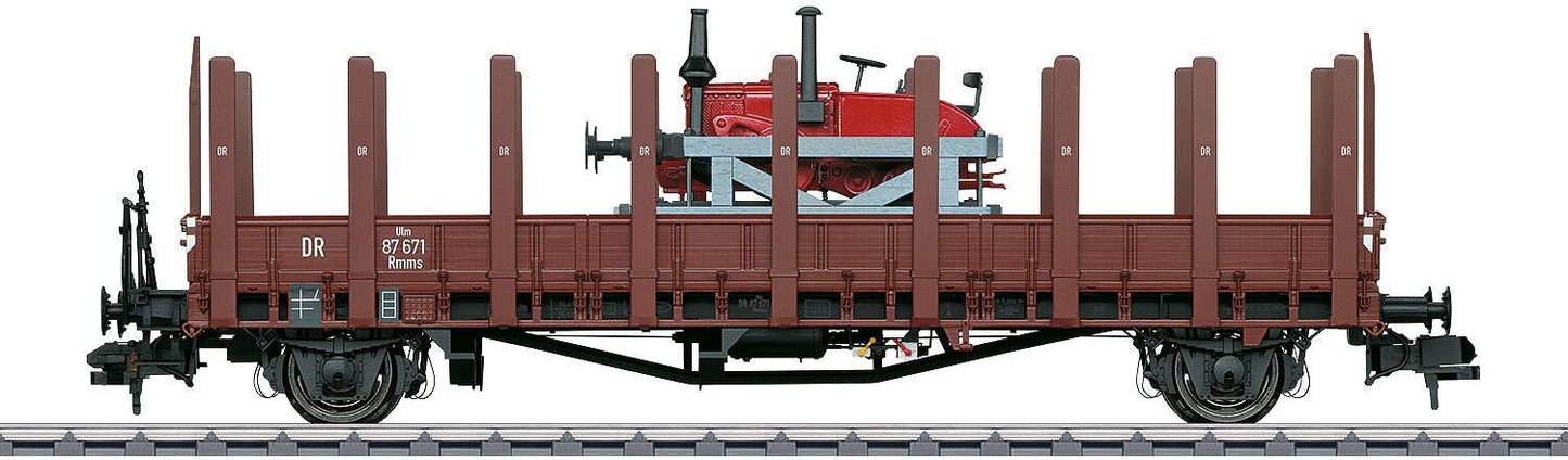 Marklin 1 58482 Type Rmm Ulm Flatcar (Stake Car) w/Lanz Car Mover Load - Ready to Run -- German State Railroad DRG (Era II, Boxcar Red)