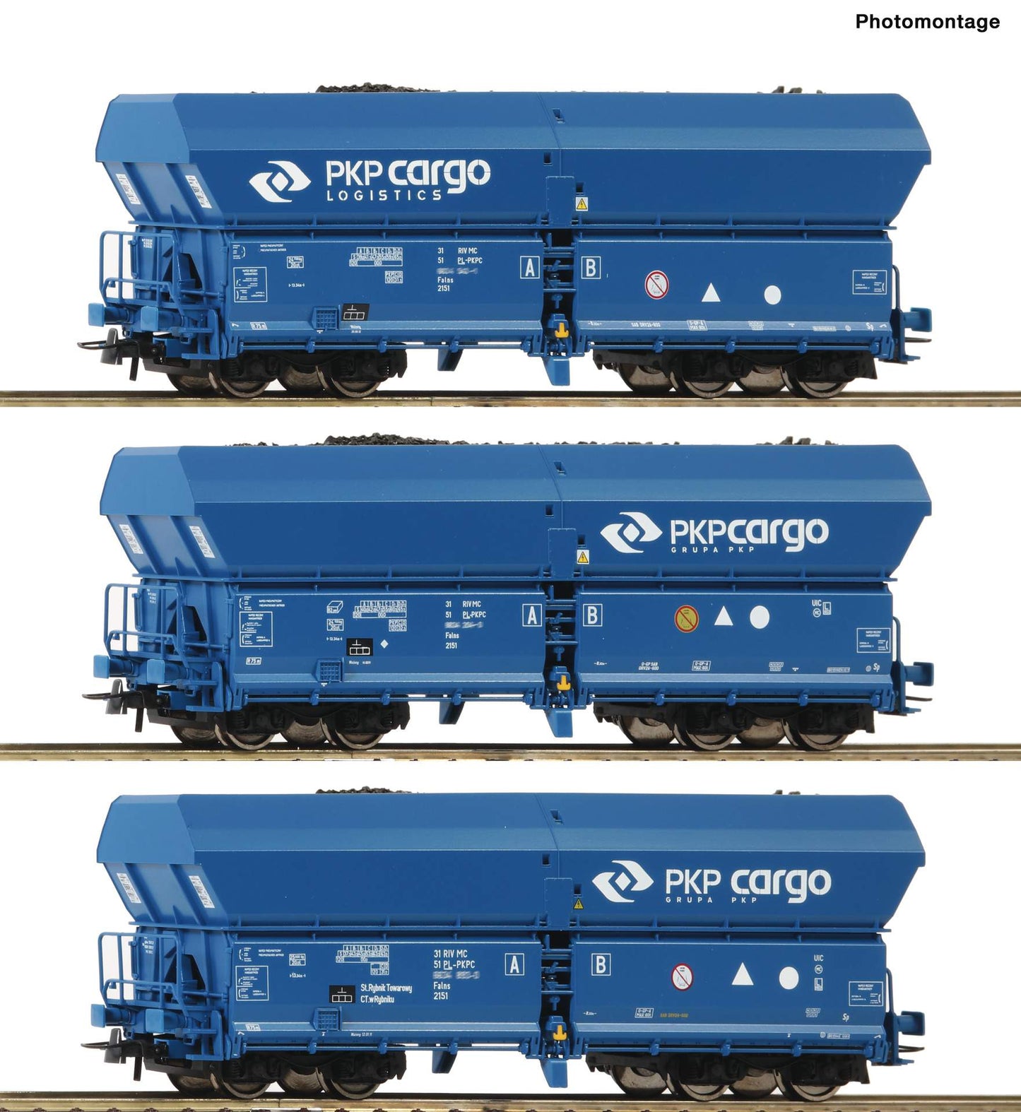 Roco HO 76046 3 piece set self unloading hopper wagons, PKP Cargo