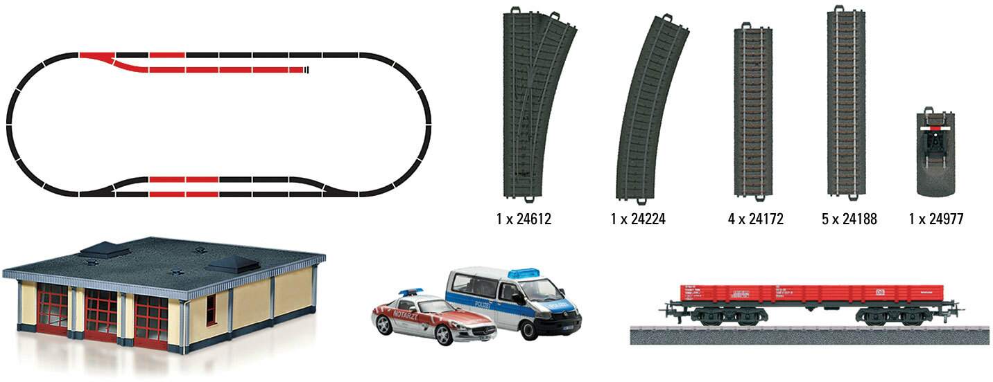 Marklin HO 78752 German Federal Railroad DB Fire Station Theme Extension Set - Ready to Run -- Type Rlmms Low-Side Car w/Emergency Vehicle Load, Turnout & Track (red)