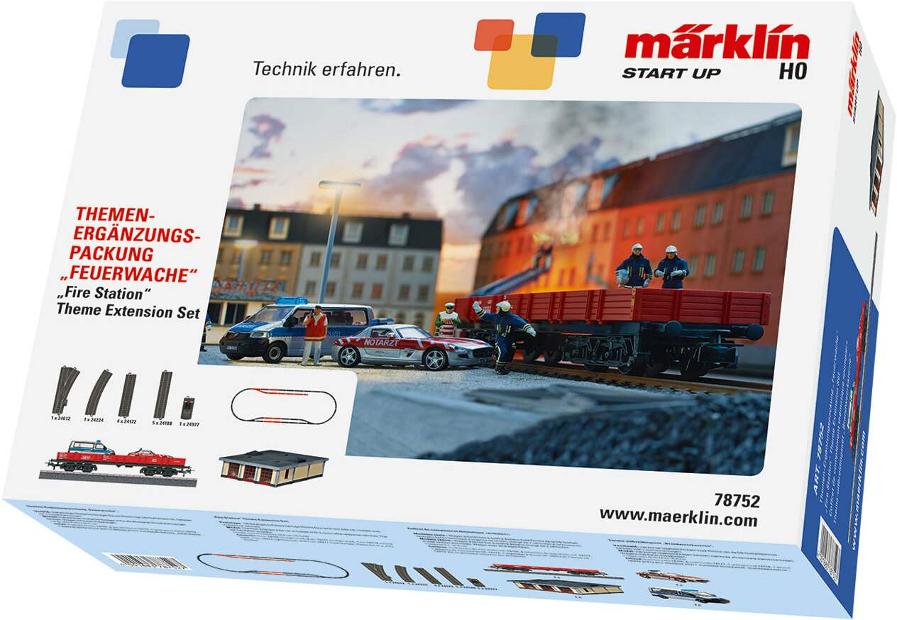 Marklin HO 78752 German Federal Railroad DB Fire Station Theme Extension Set - Ready to Run -- Type Rlmms Low-Side Car w/Emergency Vehicle Load, Turnout & Track (red)