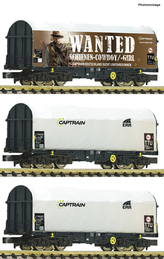 Fleischmann N 837932 3 piece set slide tarpaulin wagons, Captrain