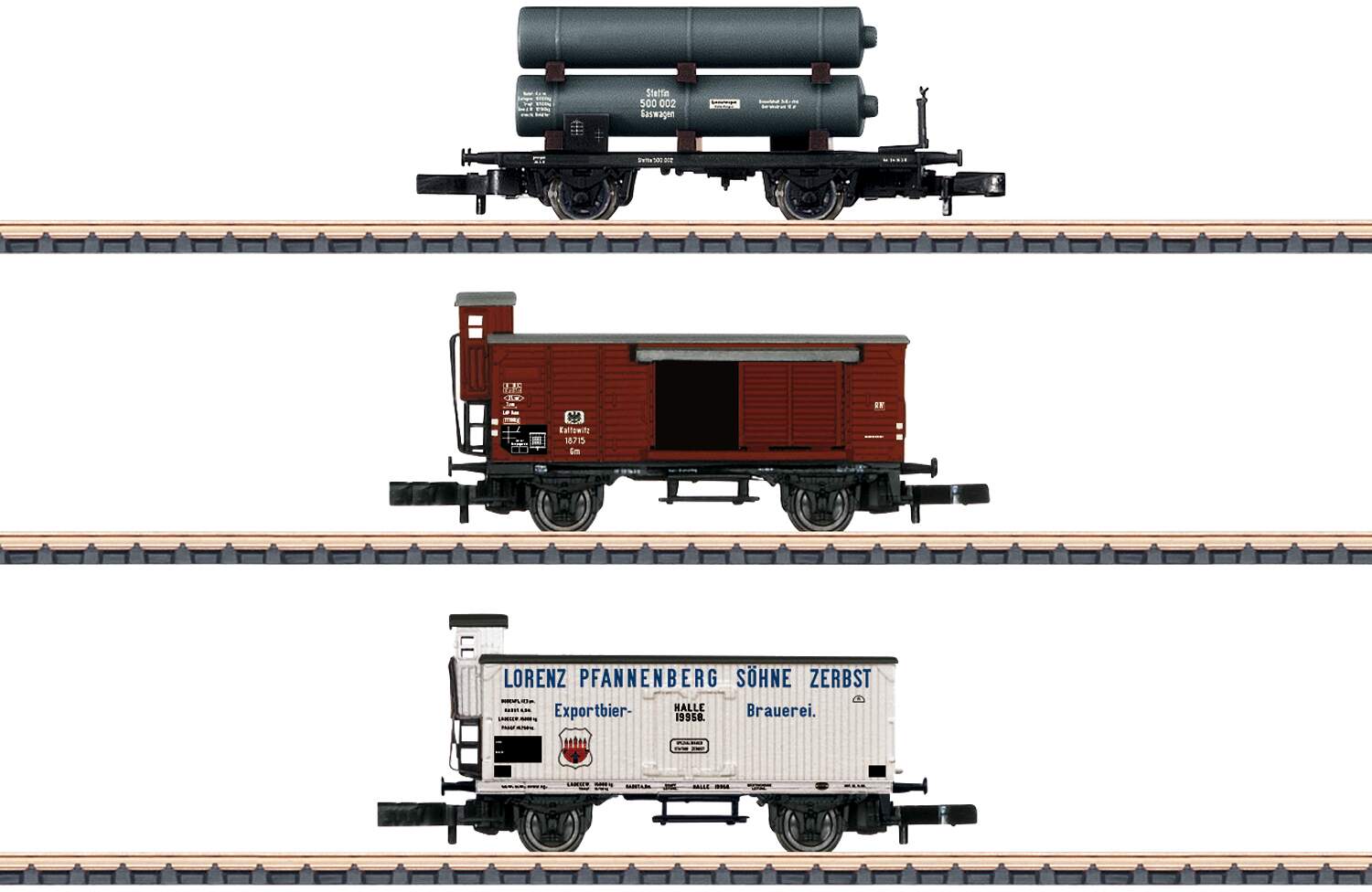 Marklin Z 86604 Coal Gas Flatcar, Wood Boxcar and Beer Reefer 3-Car Set - Ready to Run -- Royal Prussian Railroad Administration K.P.E.V. (Era I)
