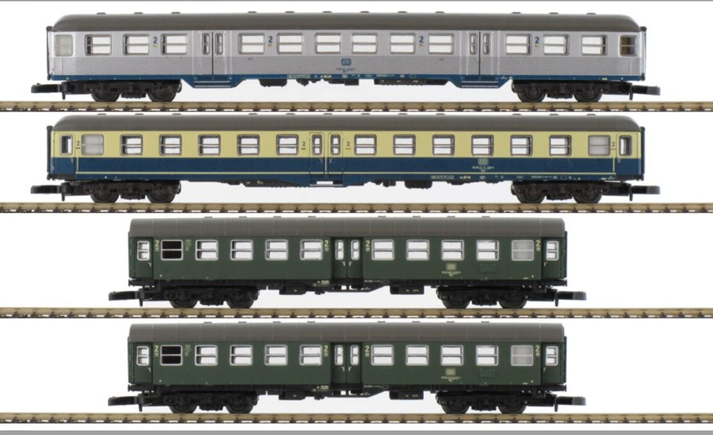 Marklin Z 87549 Backwoods Limited 4-Car Passenger Set - Ready to Run -- German Federal Railroad DB (Era IV, Mixed Schemes)