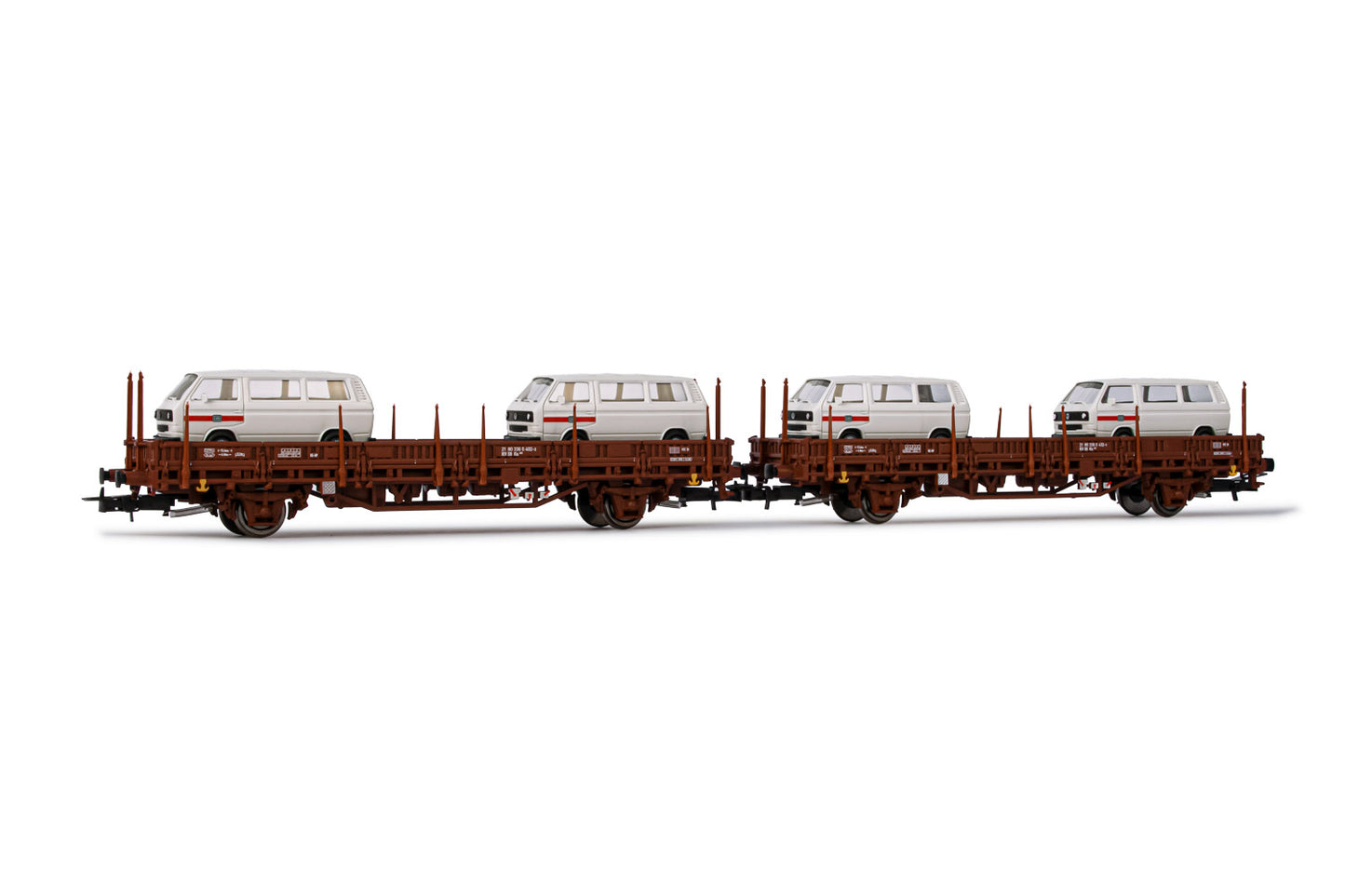 Rivarossi HO HR6458 DB  2-unit set 2-axle flat wagon Kls without stakes in brown livery  loaded with 2 cars (VW T2) 'Deutsche Bundesbahn'  period IV